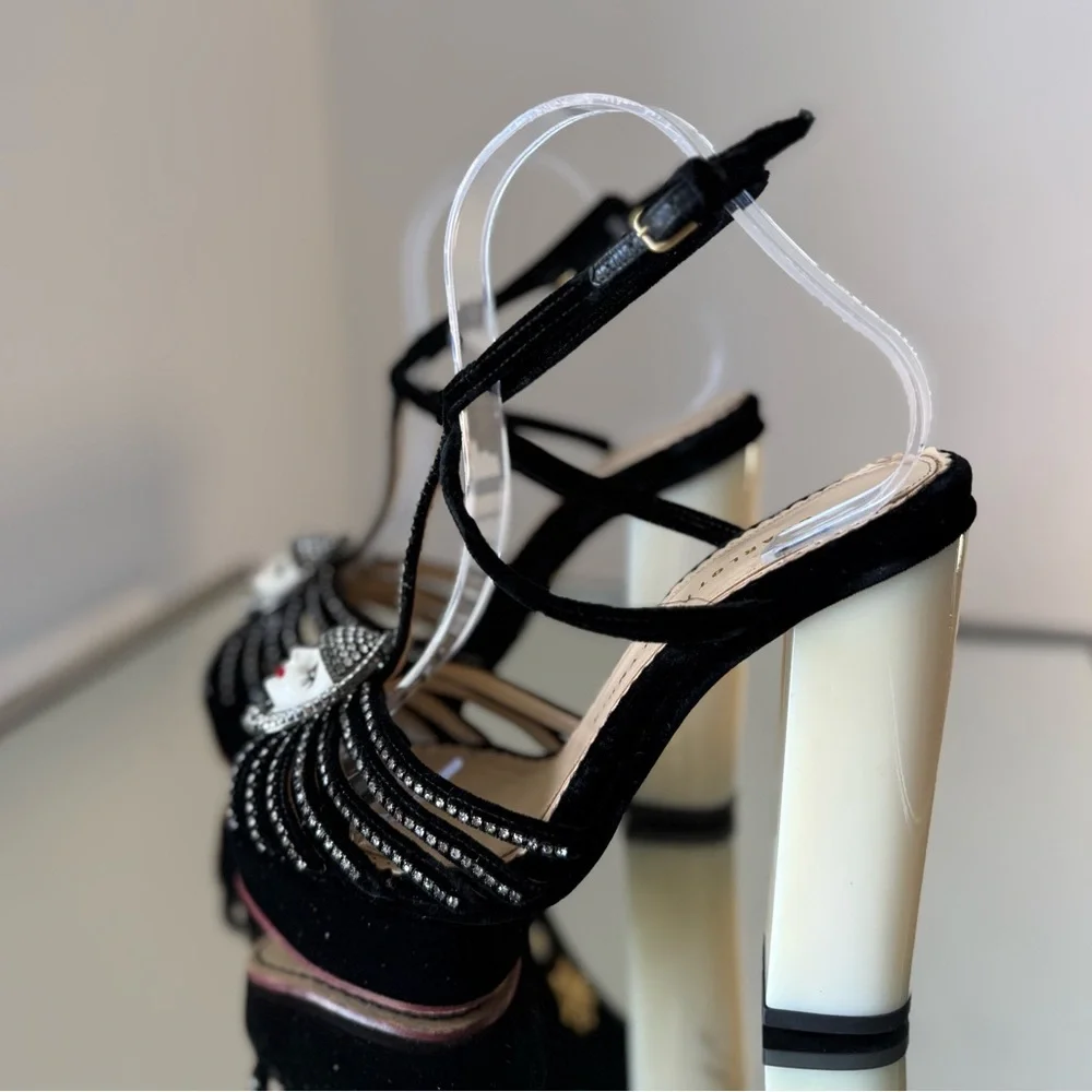 Charlotte Olympia Black Platform T-Strap Sandals with Ivory Block Heel 37